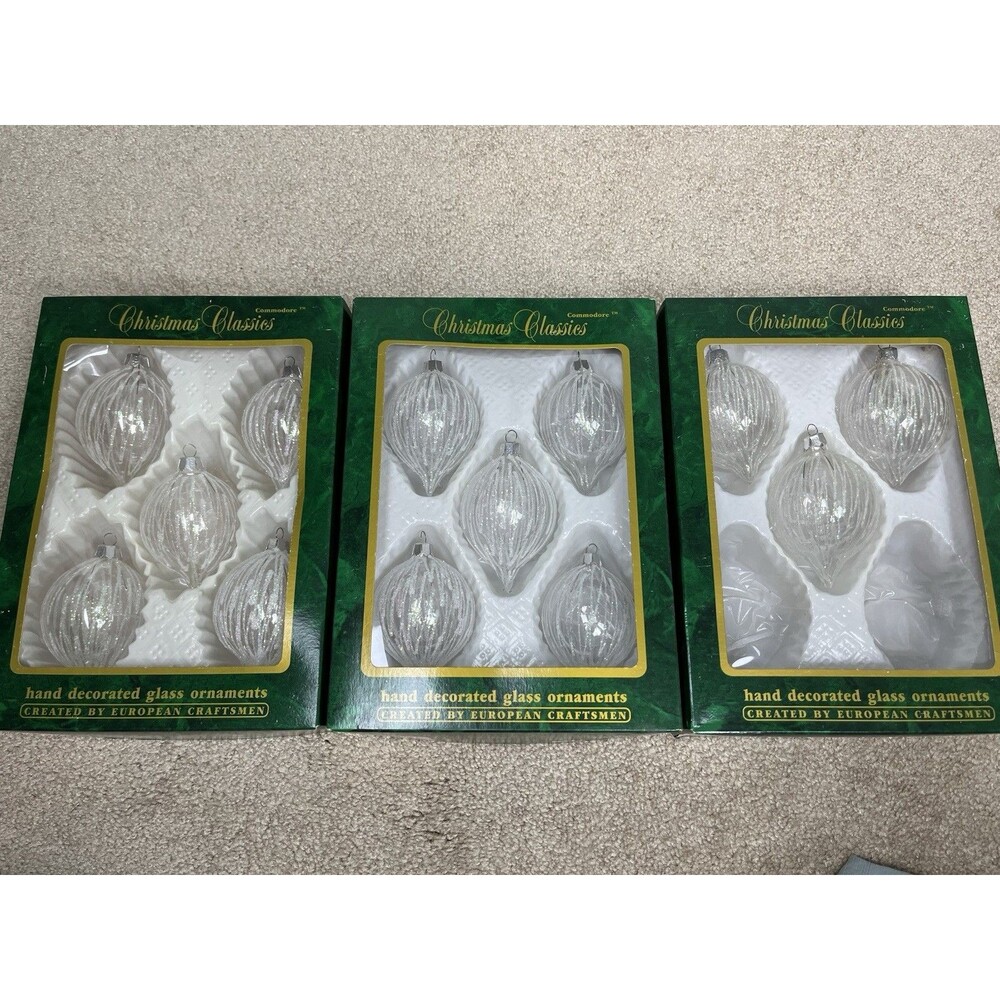 13 Vtg Commodore Christmas Classics Clear Glass Teardrop Ornaments White Glitter